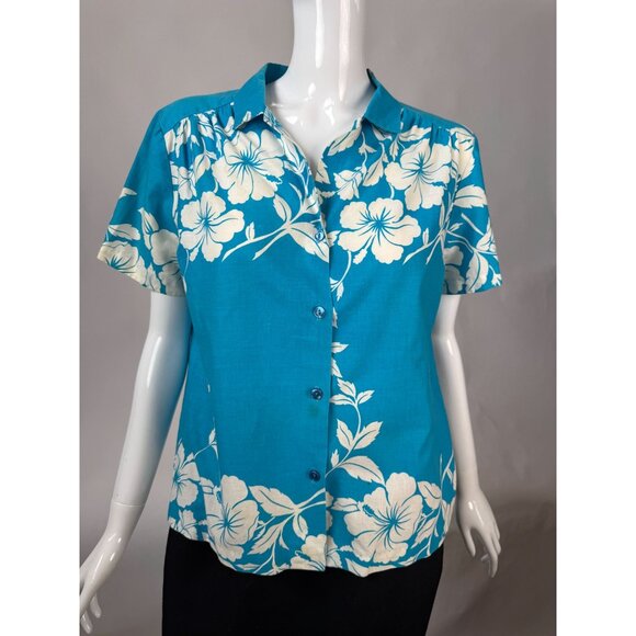 Hilo Hattie Womens Hawaiian Floral Button-Up Shirt Medium Teal & White 100% Cott - Picture 13 of 16